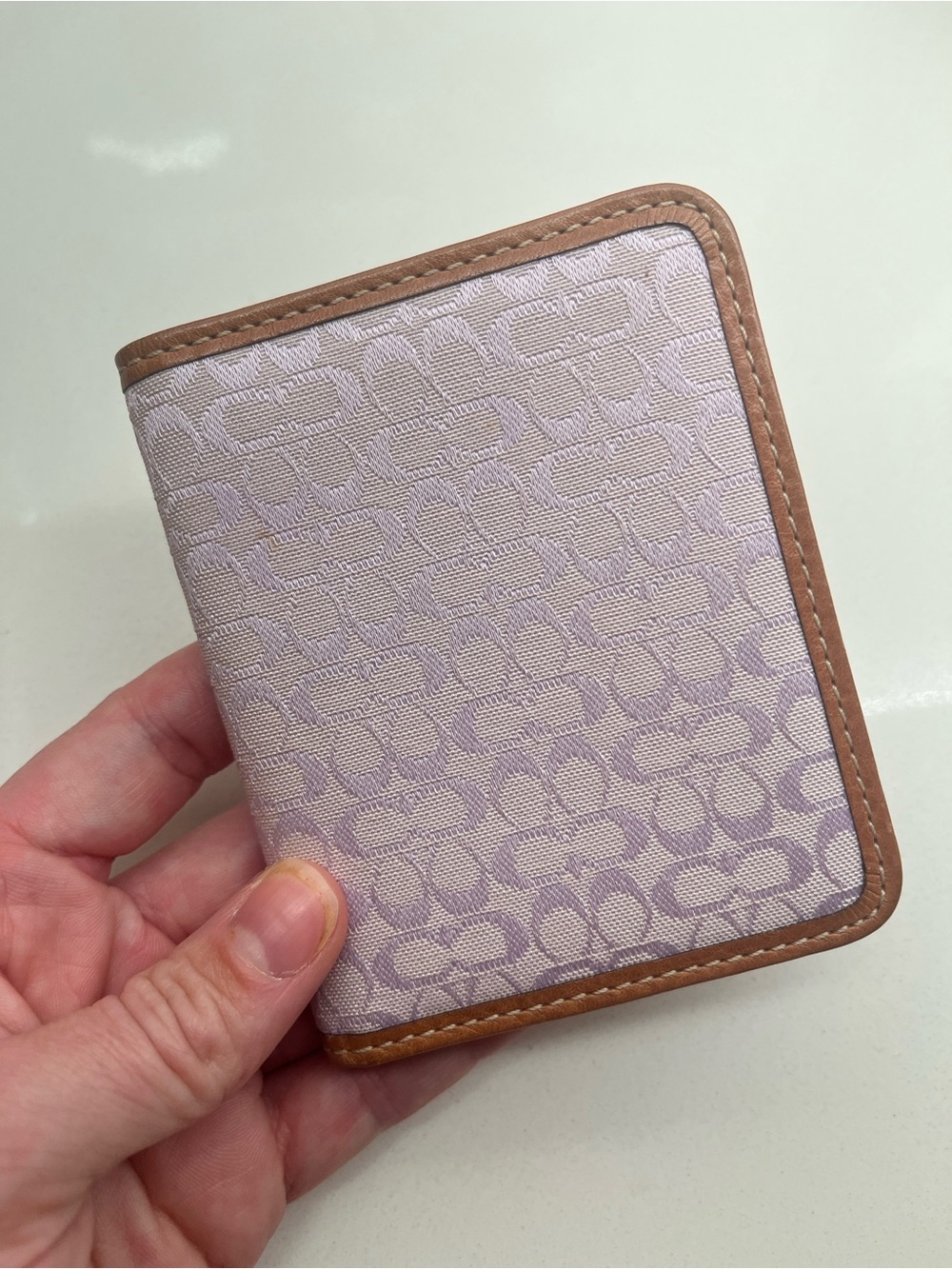 Vintage Coach Light Purple Fabric Card Holder with Tan Leather Trim